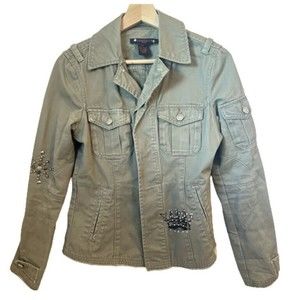 Military Field Utility Jacket Womens Green Studded Rhinestones Distressed Sz M